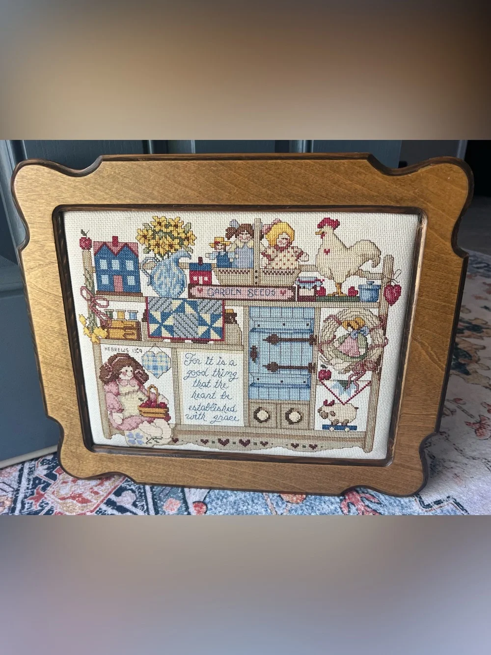 Vintage Cottage Core Wood Framed Counted Cross-Stitched Farmhouse Hebrews 13:9